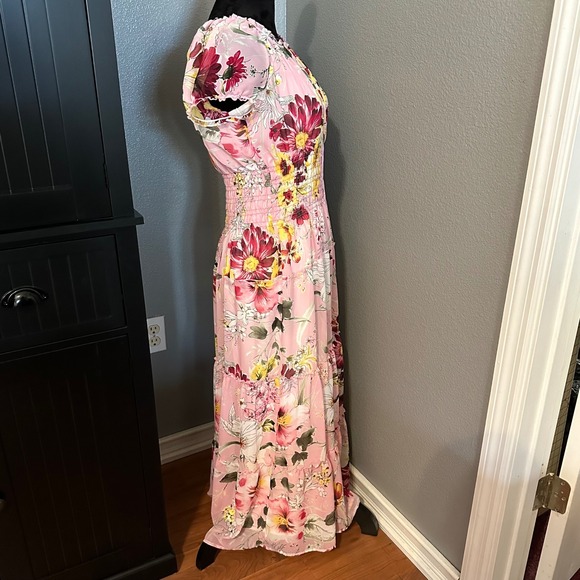 Figueroa & Flower Dress Large Pink Floral Maxi Cottagecore Boho Smocked Flowy - Picture 6 of 9